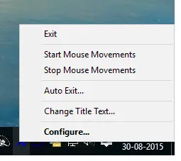 System Tray Menu of Auto Mouse Mover to Close Application or Configure Auto Mouse Movement Parameters