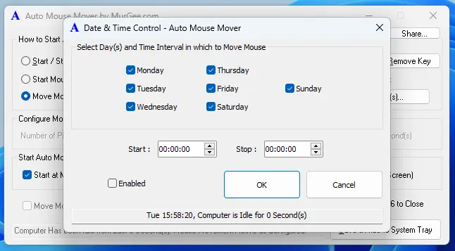 Date and Time Control to Pause Automated Mouse Movements