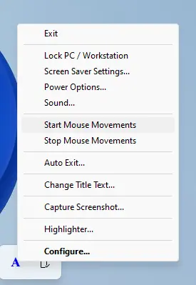 System Tray Menu of Auto Mouse Mover