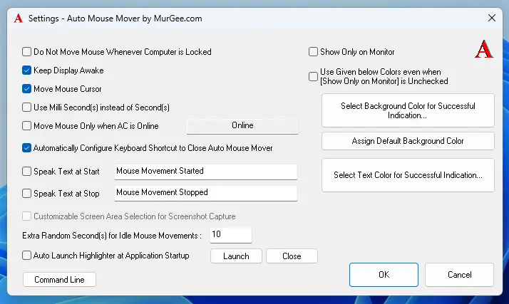 Configurable Settings of Auto Mouse Mover Application